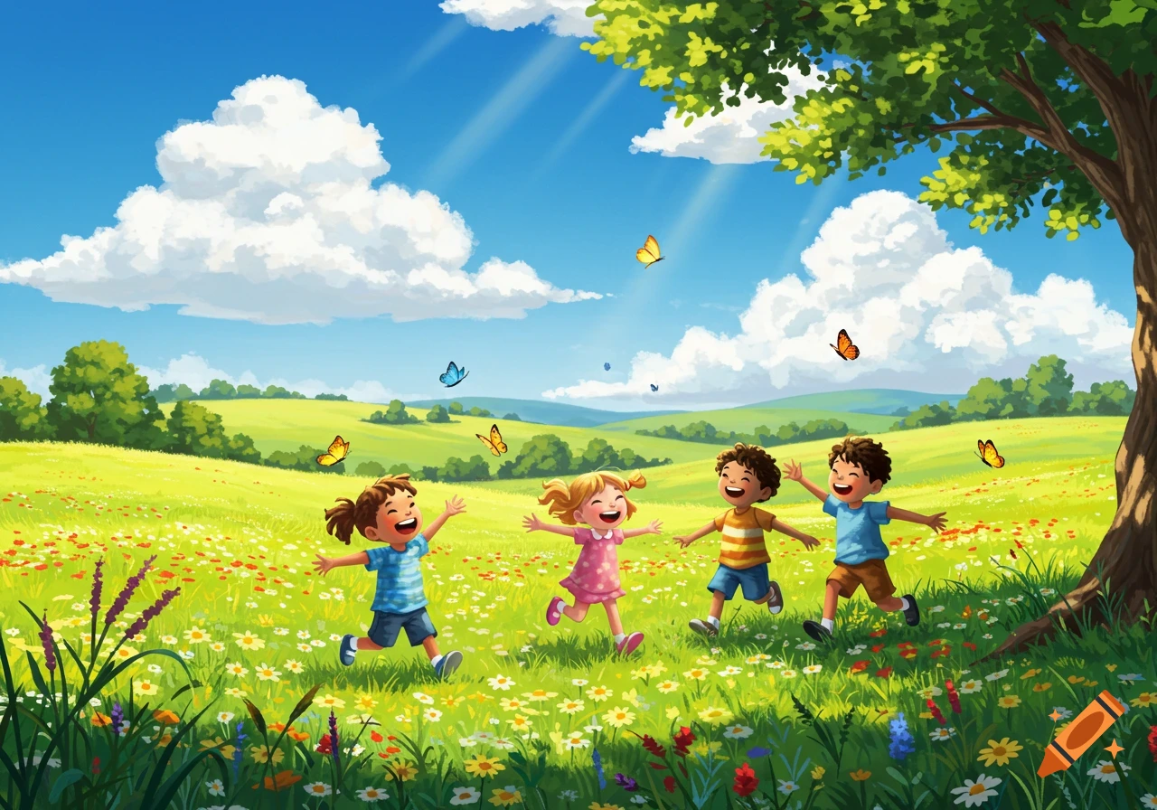 Four happy cartoon children playing in a sunny green meadow filled with wildflowers and butterflies under a blue sky.