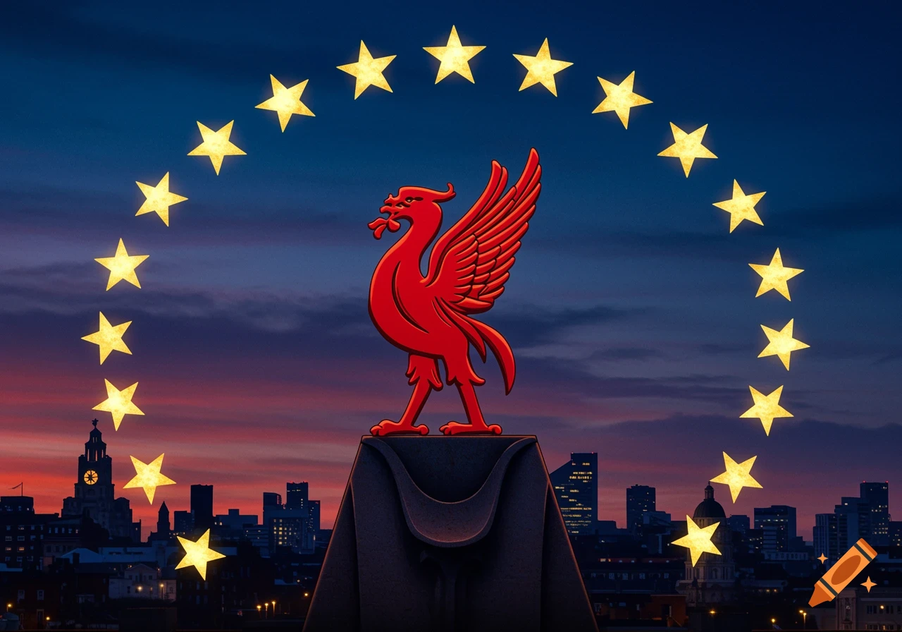 A red Liver Bird statue on a pedestal with twenty yellow stars forming an arc above it, set against a sunset cityscape.