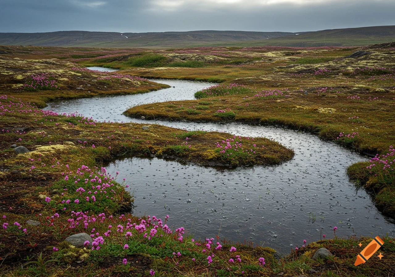 A winding river with raindrops on its surface flows through a vast, mossy landscape dotted with pink flowers under an overcast sky.