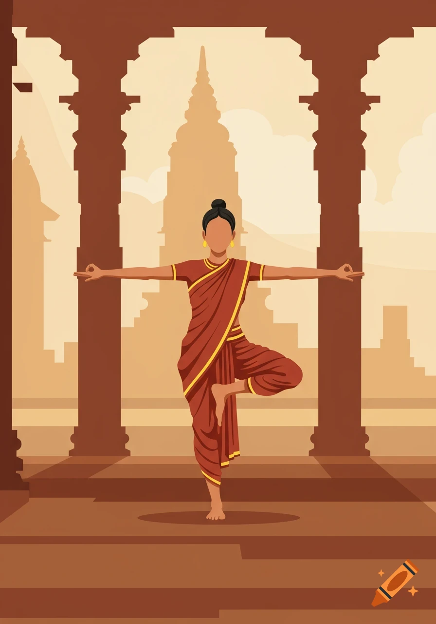 An illustration of a person in traditional Indian clothing performing a yoga pose within an ancient temple setting.