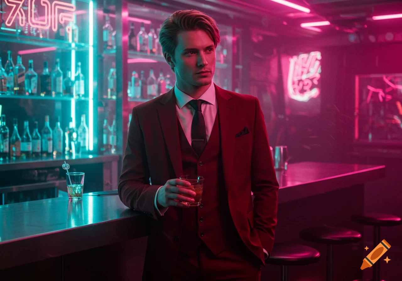 A handsome young man in a red suit stands at a neon-lit cyberpunk bar, holding a drink. Photorealistic style.