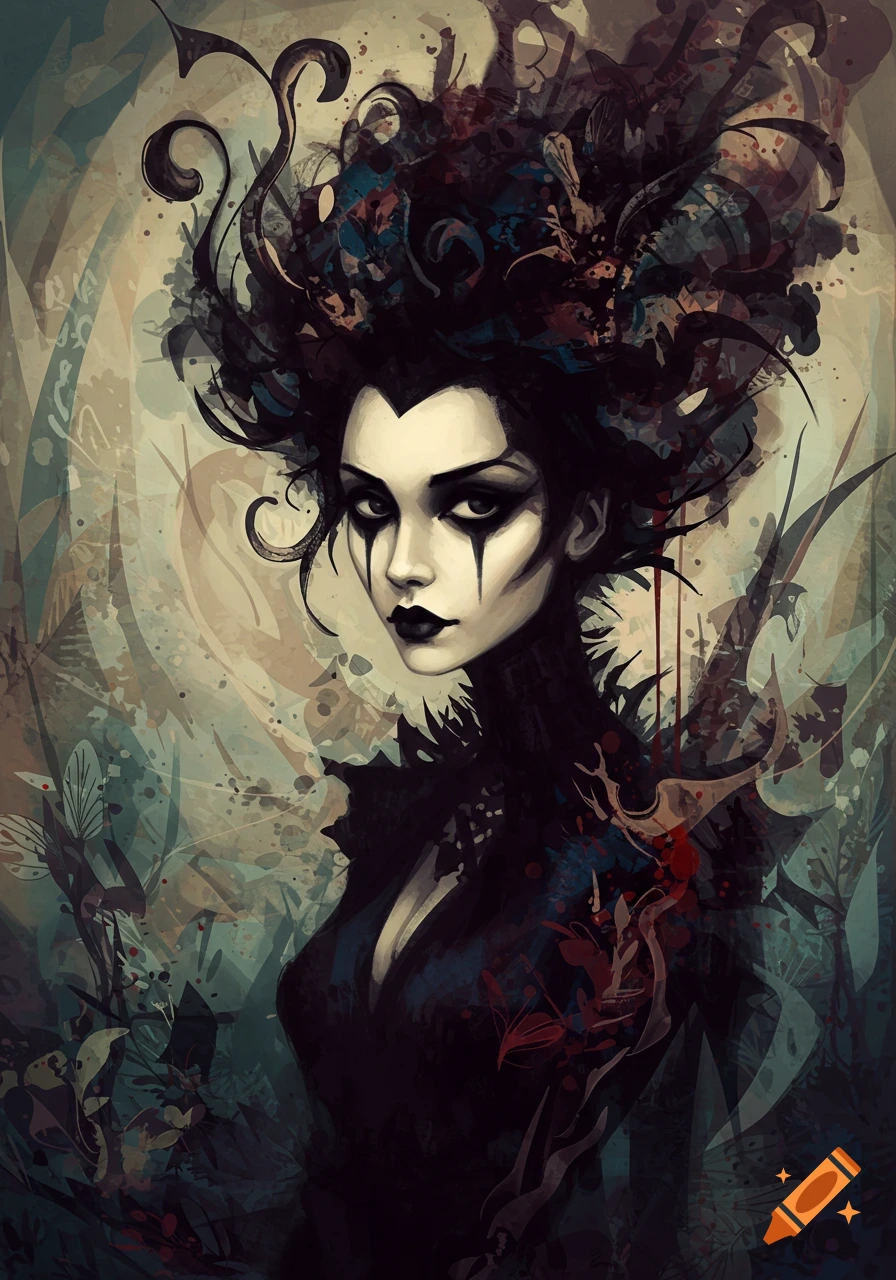 Abstract painting of a goth woman with dark makeup, elaborate dark hair, and dark attire against a stylized background.