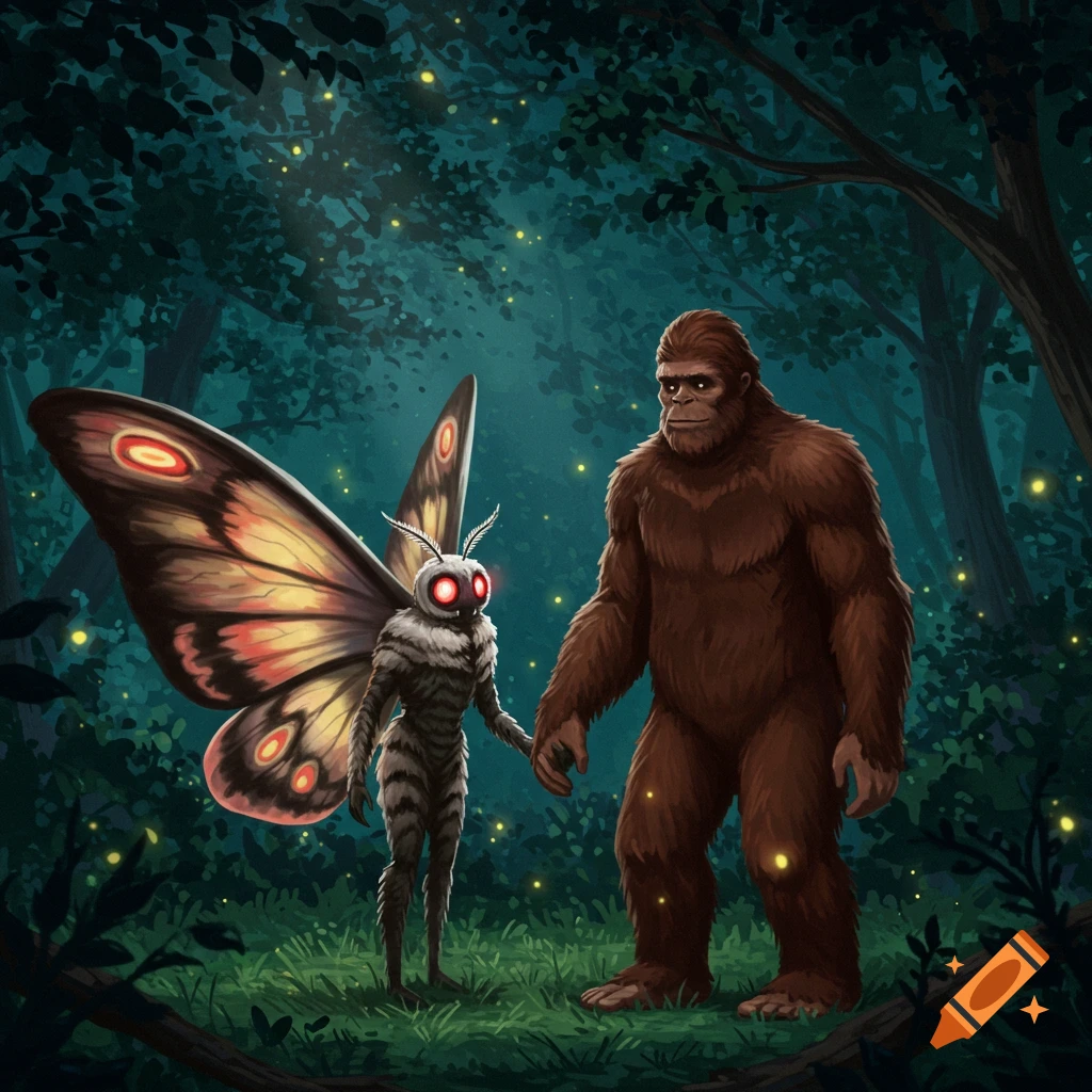 An illustration of Mothman and Bigfoot standing together in a dark forest lit by fireflies.