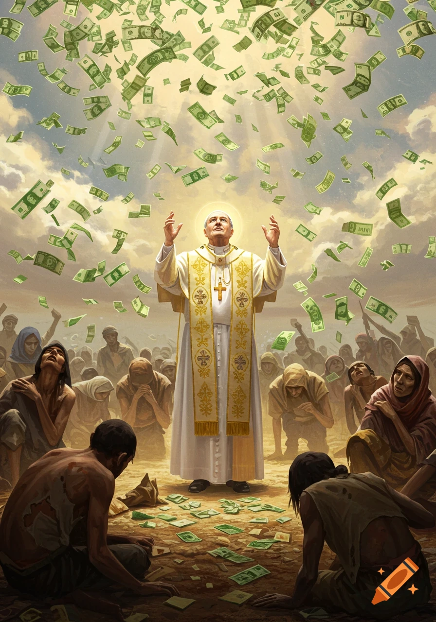 A pope stands with arms raised, surrounded by poor people, as money rains down from the sky in a digital painting.