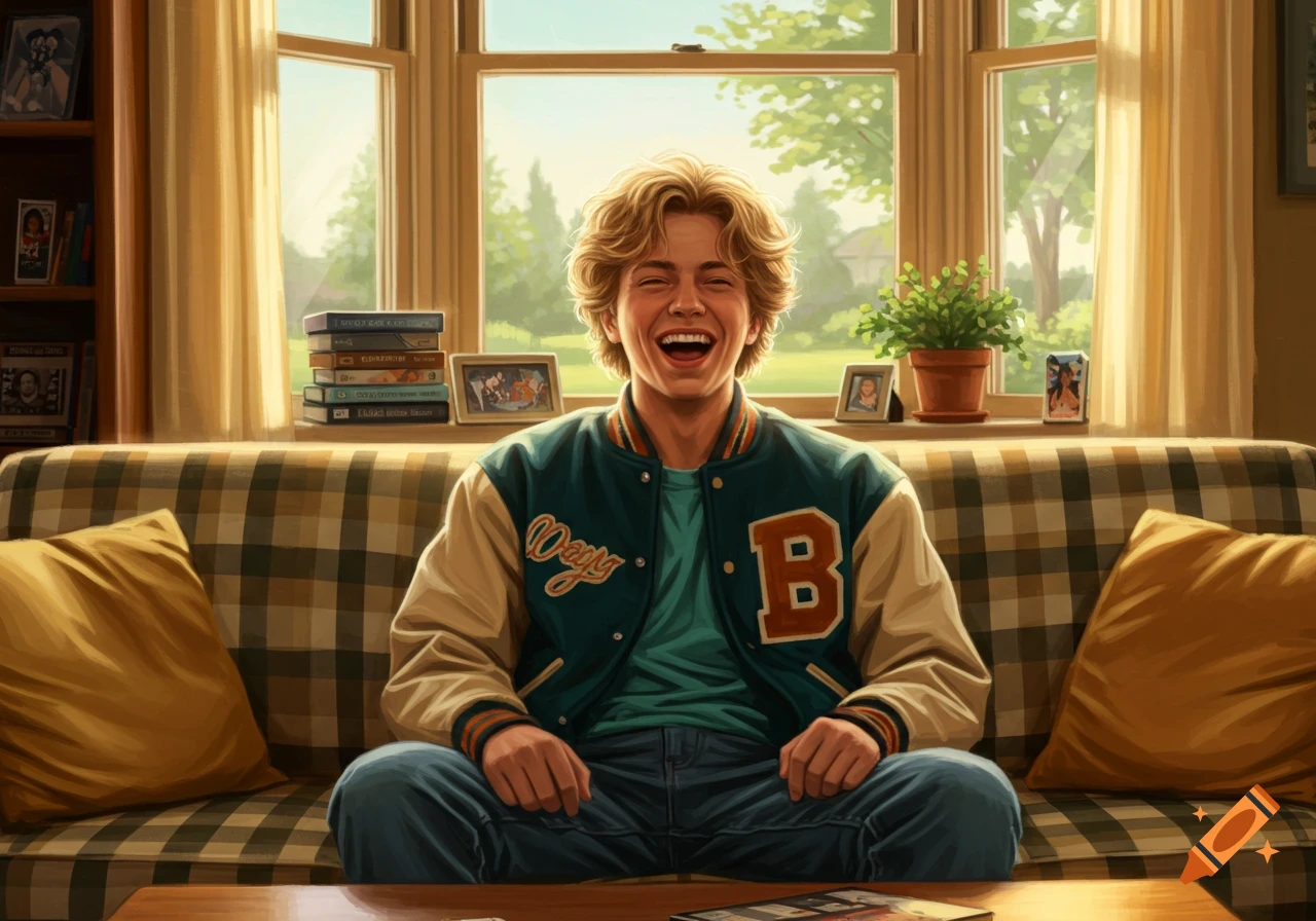 A young blonde man wearing a varsity jacket laughs joyfully while sitting on a plaid couch in a sunlit living room.