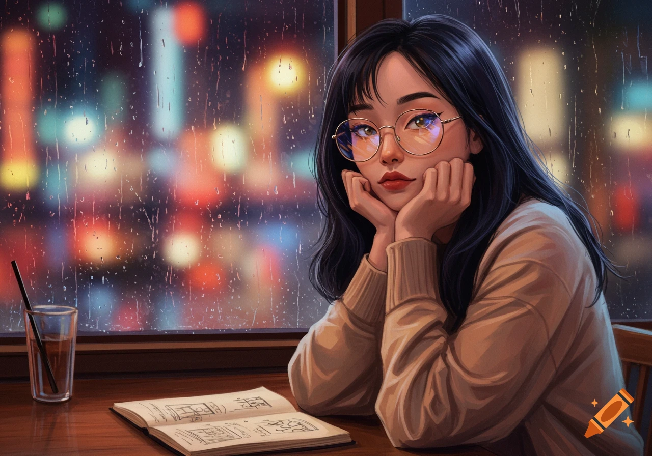 An anime-style illustration of an Asian girl with glasses looking out a rainy window from a cafe, with an open book and drink on the table.