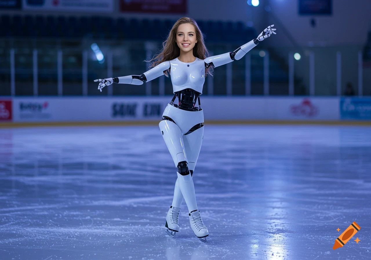 A smiling robot with a human head, wearing ice skates, poses on an ice rink with arms outstretched in a photorealistic style.