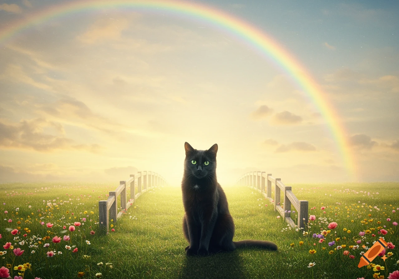 A black cat with bright green eyes sits on a grassy path leading to a glowing horizon, beneath a vibrant rainbow in a serene, sunlit meadow.