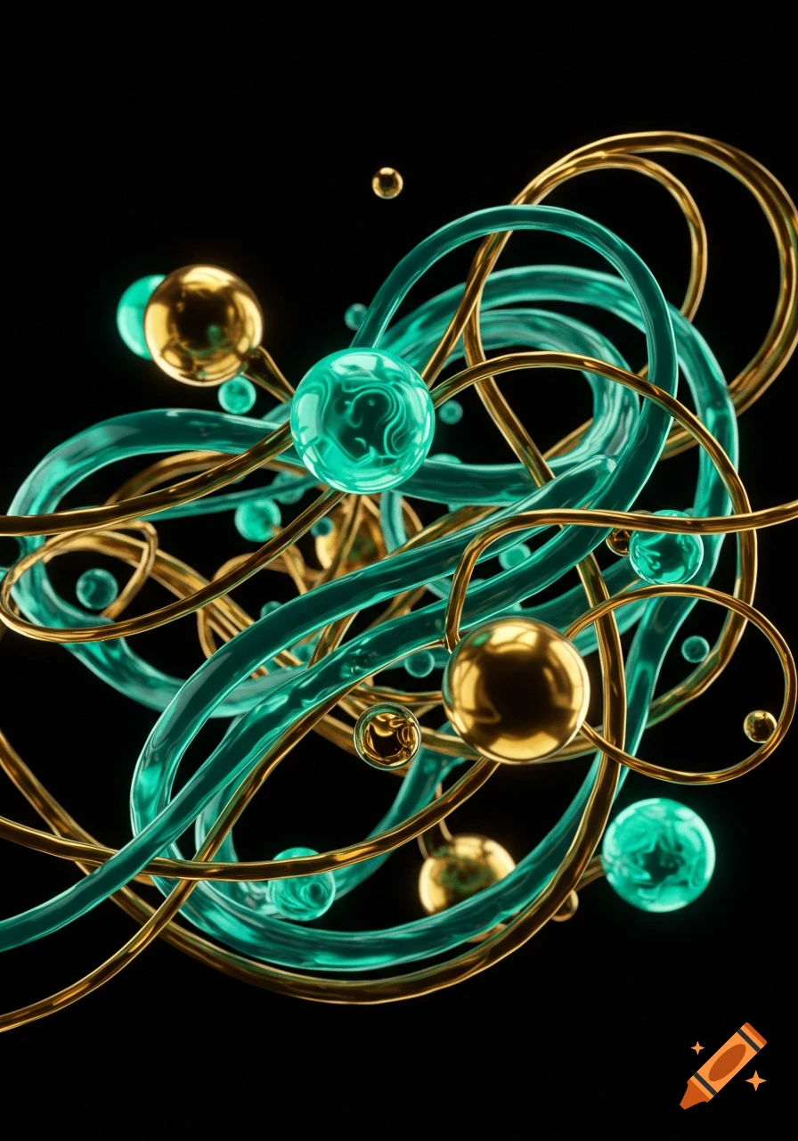 Intertwining gold and teal abstract lines with glowing gold and teal orbs against a black background.