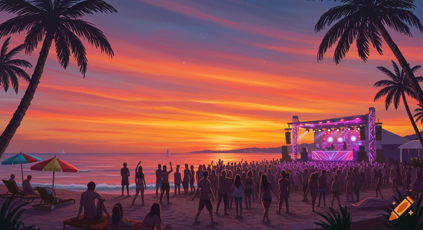 Vibrant illustration of a lively beach party at sunset, with a crowd of people dancing in front of a brightly lit stage.