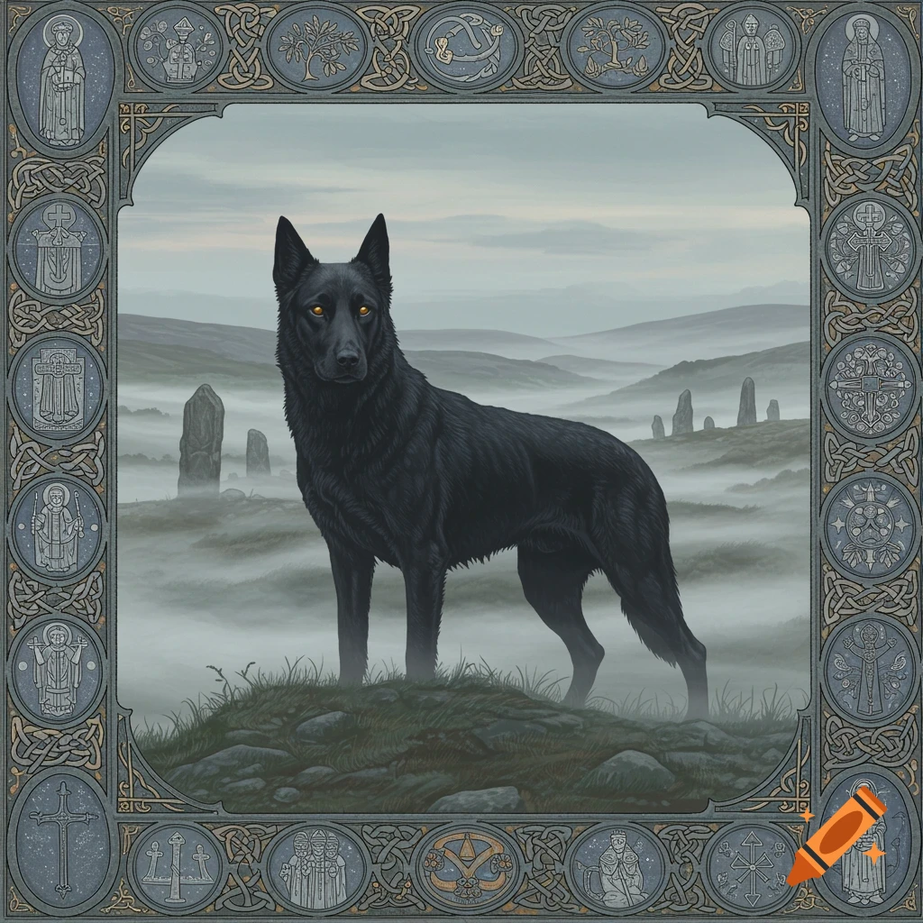 Illuminated manuscript-style illustration of a spectral black dog with glowing eyes on a foggy ridge with standing stones, surrounded by medieval decorative borders.