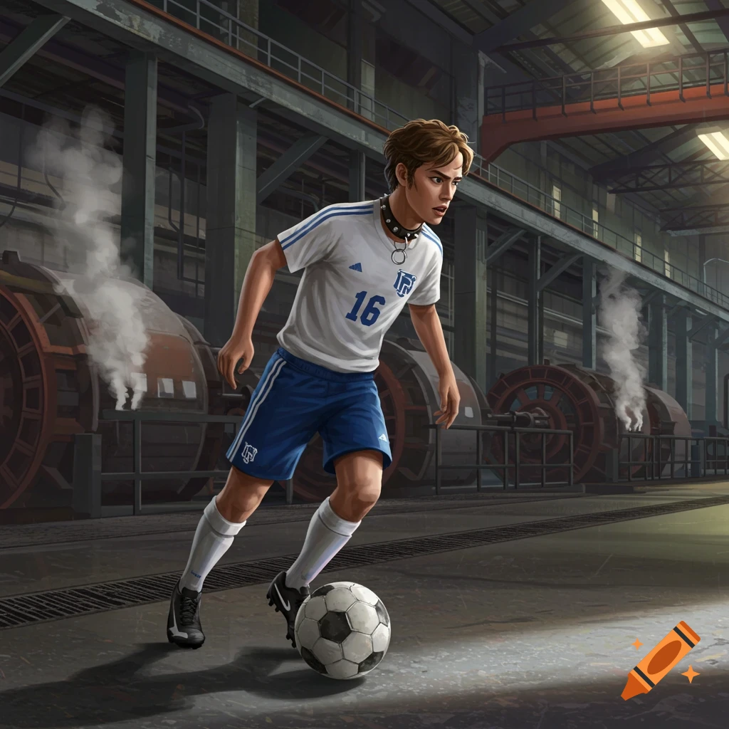 Digital illustration of a high school soccer player in a white jersey with '16' and a black dog collar, dribbling a ball inside a factory.