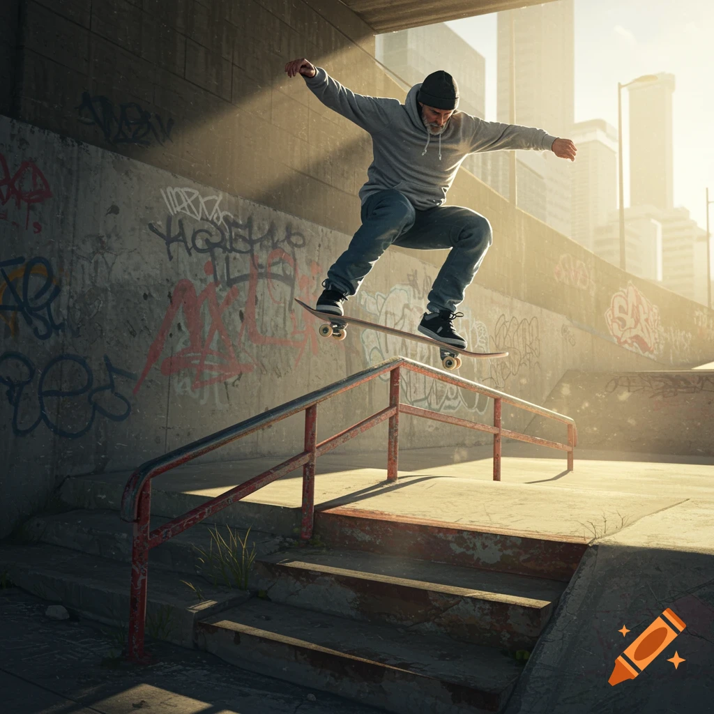 A male skateboarder grinds a handrail in a sunlit concrete skatepark with graffiti-covered walls and city buildings.