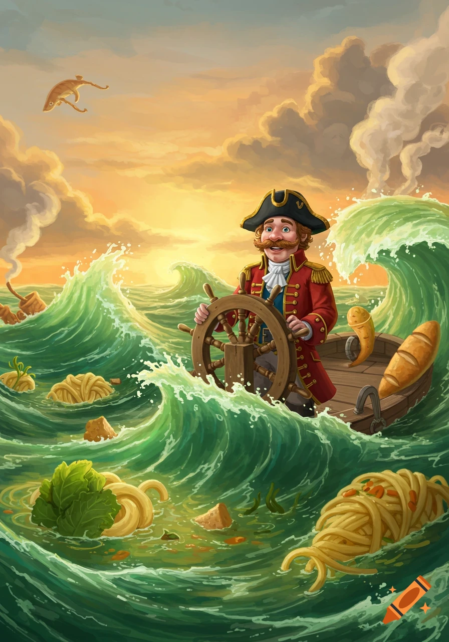 Cartoon captain in red coat steers a small boat through a green, wavy soup sea with noodles and bread at sunset.