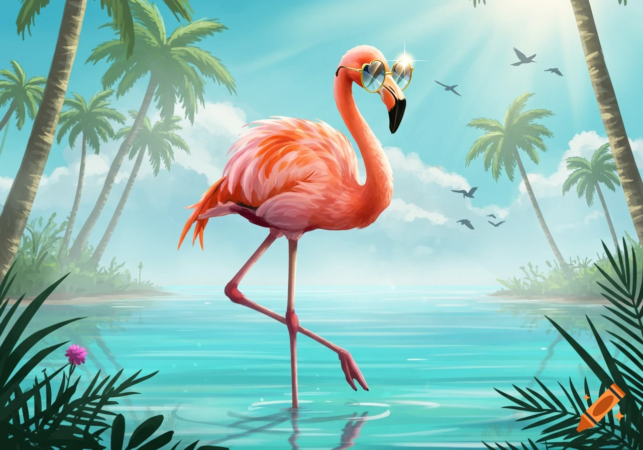 Stylized illustration of a pink flamingo wearing heart-shaped sunglasses, standing in tropical blue water with palm trees and a sunny sky.