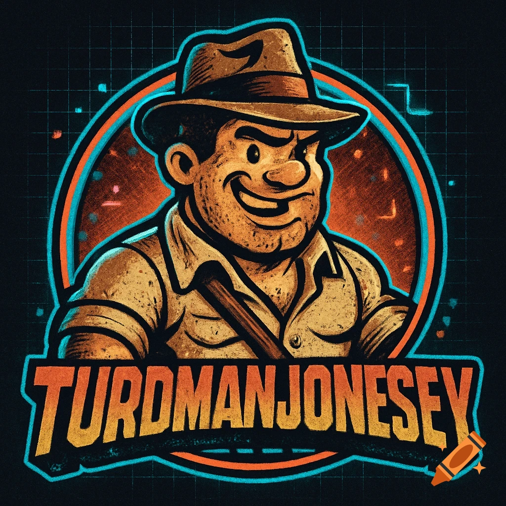 A vintage-style gaming logo featuring a cartoon man in a fedora, with 'TURDMANJONESEY' in bold text below.