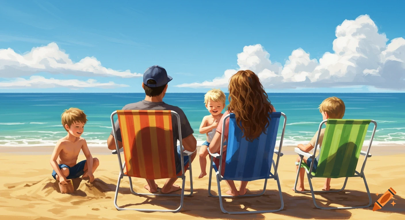 An illustration of a family of four on a sunny beach, looking at the ocean. One child plays in the sand.