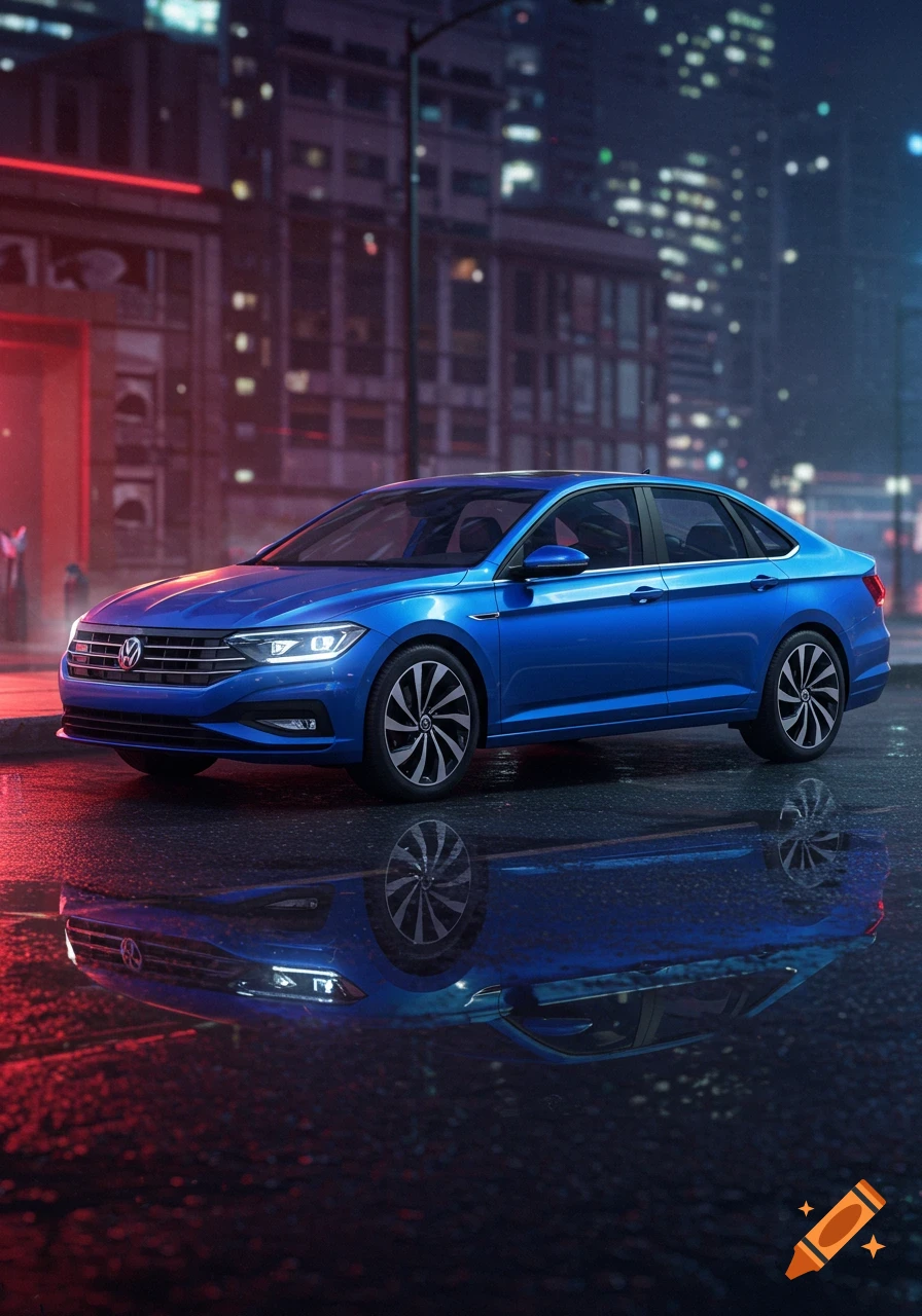 A vibrant blue Volkswagen Jetta sedan is parked on a wet street at night, reflecting the city lights in the foreground.