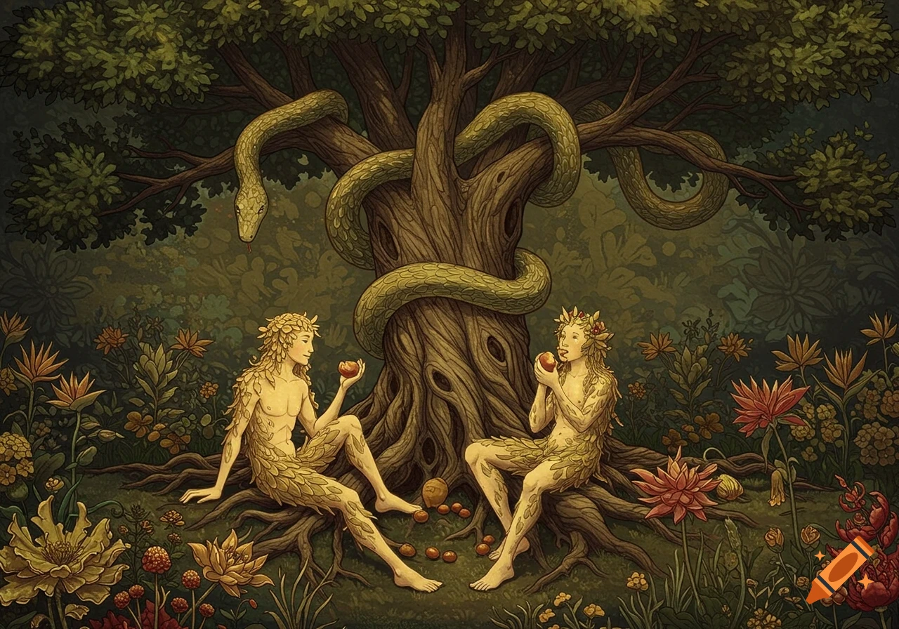 Adam and Eve, covered in leaves, sit under a tree with a snake wrapped around it, in a stylized illustration.