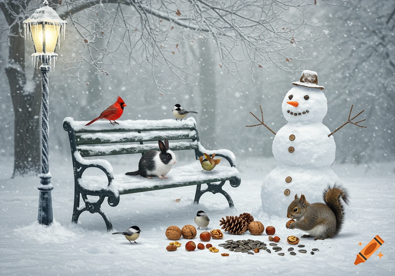 A photorealistic snowy park scene with a snowman, a lamppost, a bench with a rabbit and a cardinal, a squirrel, and birds eating seeds.