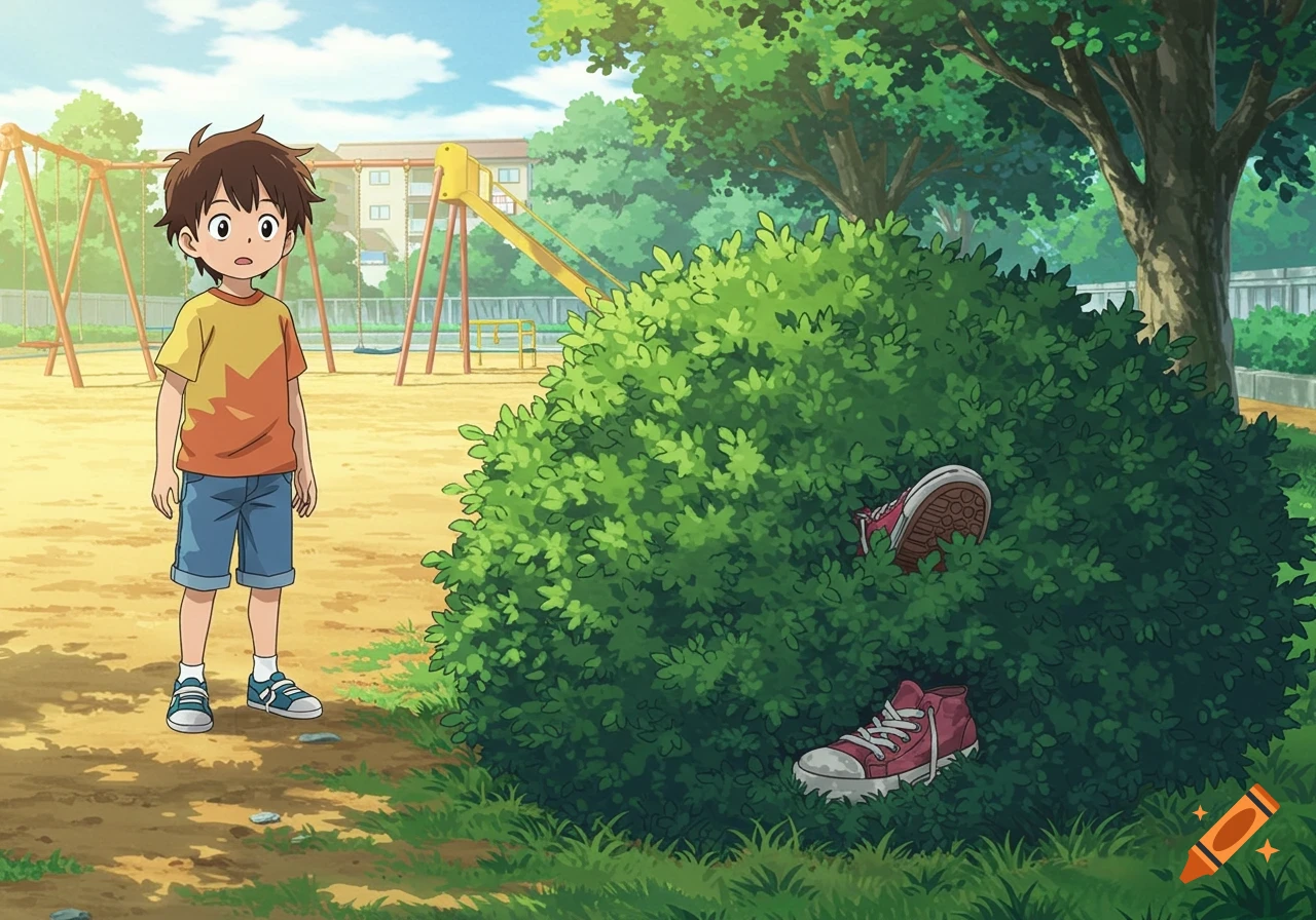 A boy with brown hair stands in an anime-style playground, looking at a green bush where a pair of red sneakers are sticking out.
