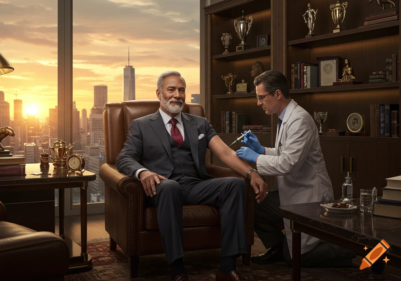 A well-dressed older man sits in a leather armchair in a lavish office with a city skyline view. A doctor administers an injection to his arm.