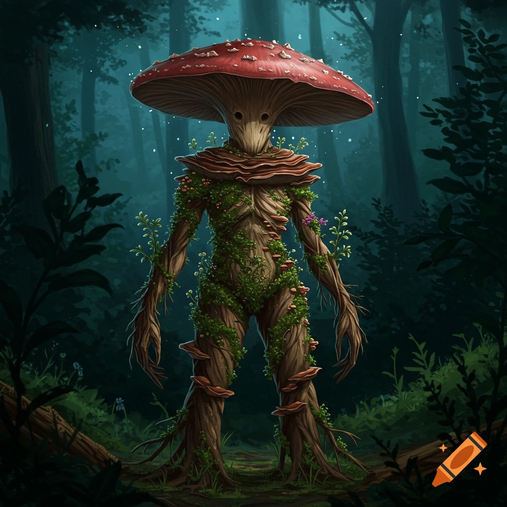 Humanoid cryptid creature made of roots, moss, and mushrooms standing in a dark forest.