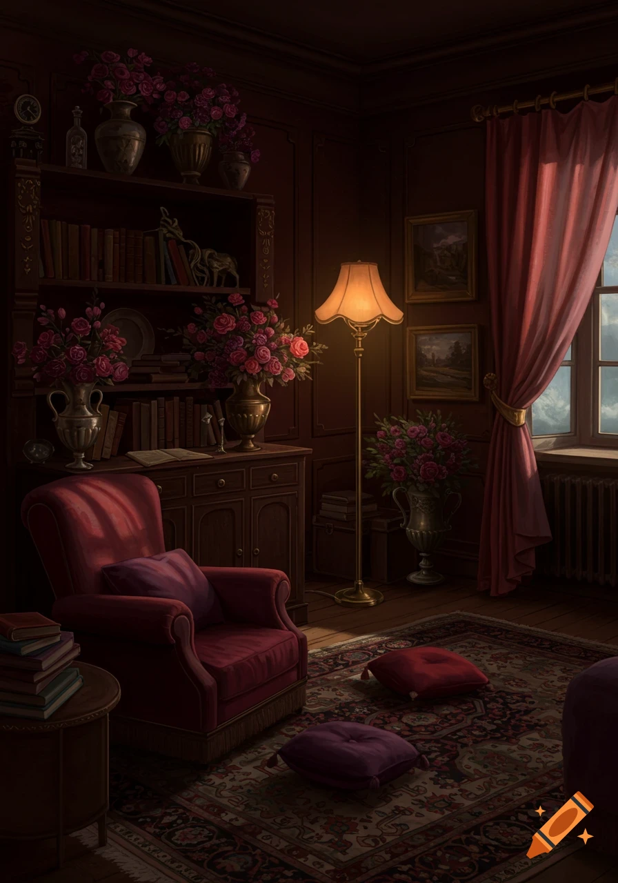 A dark, elegant room with a red armchair, bookshelves filled with books, vases of pink flowers, and a glowing floor lamp, creating a cozy atmosphere.