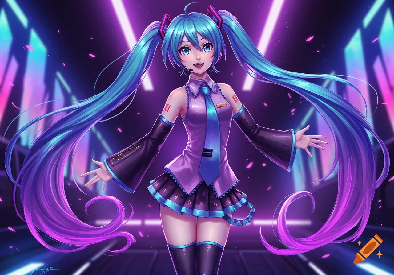 Hatsune Miku in a purple and teal outfit stands with arms open on a stage lit by neon purple and blue lights.