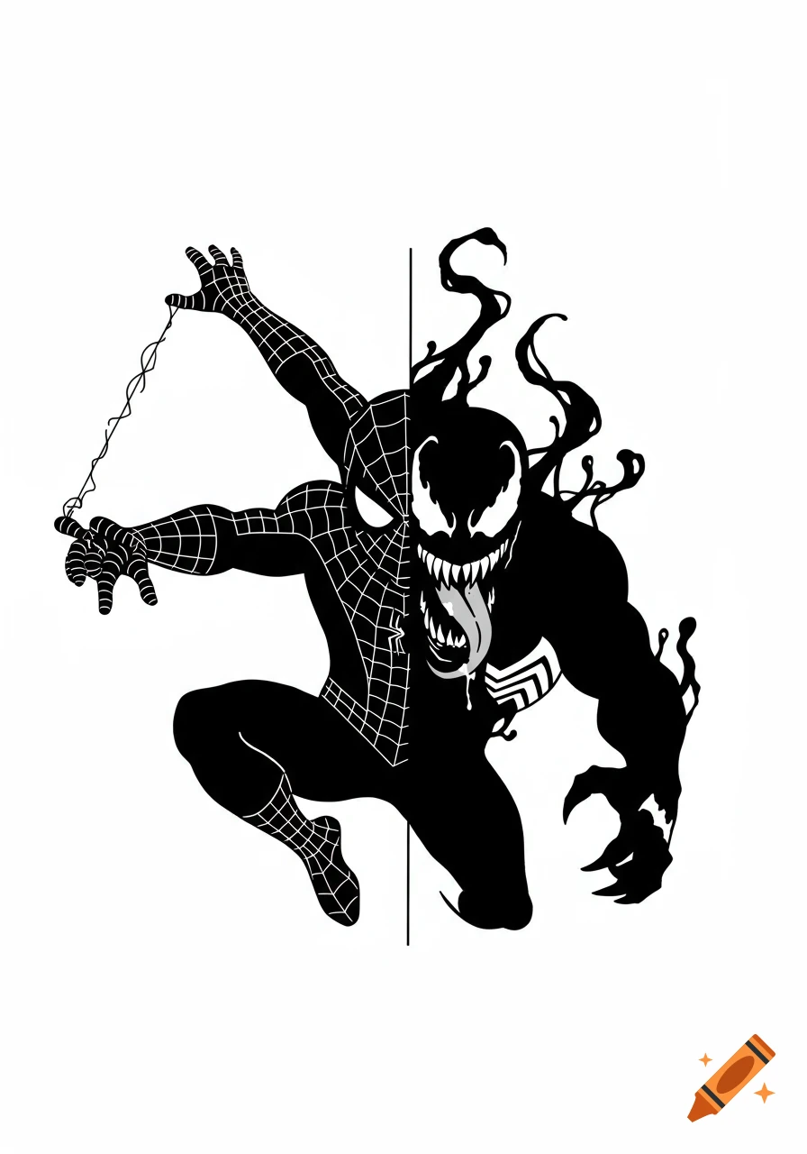 Black and white illustration of Spider-Man and Venom merged down the middle, in a simplistic tattoo design style.