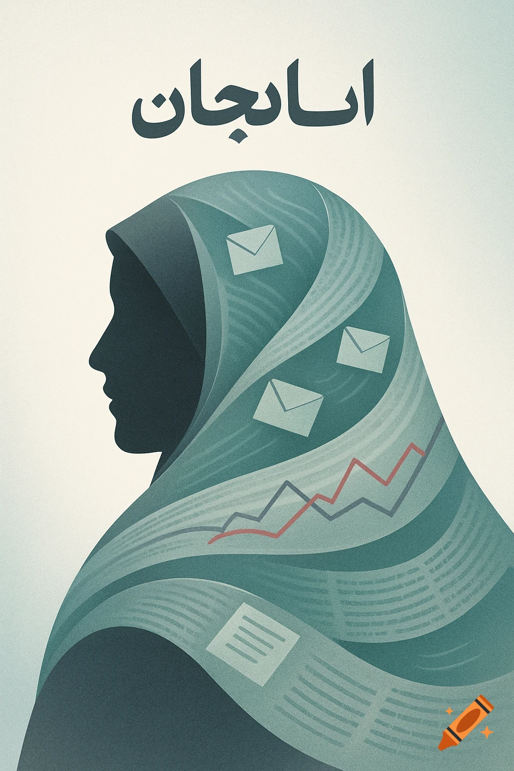Stylized conceptual illustration of an Iranian woman's silhouette wearing a headscarf made of political symbols like ballots, graphs, and newspapers, with a Farsi title above.