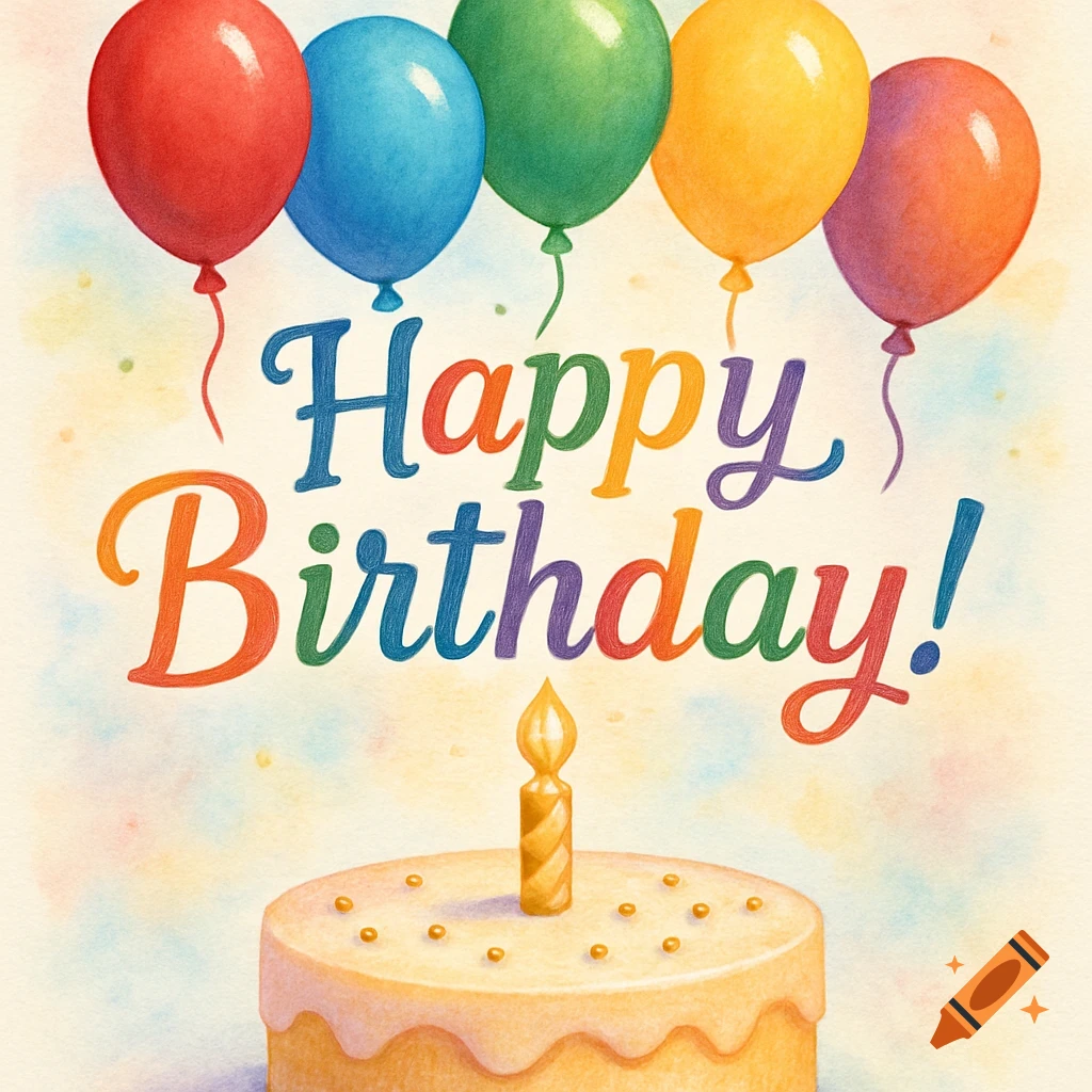 A watercolor-style birthday card with colorful balloons, the text "Happy Birthday!", and a cake with a single lit candle.