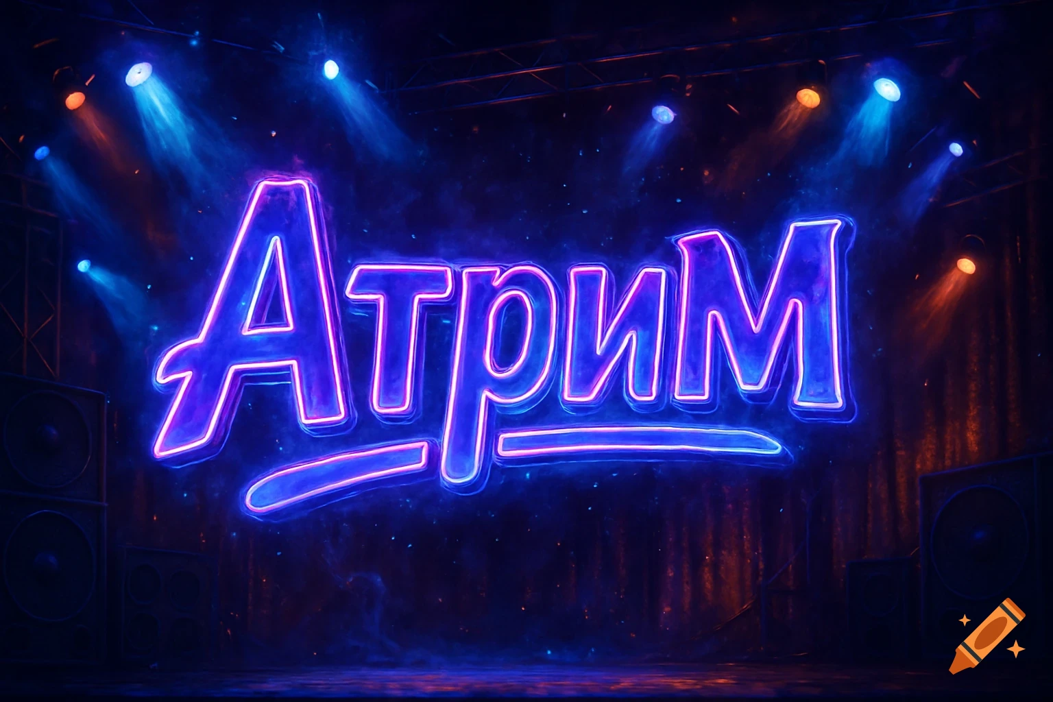 A glowing neon sign spelling ""AtriM"" on a dark stage with purple and blue spotlights.
