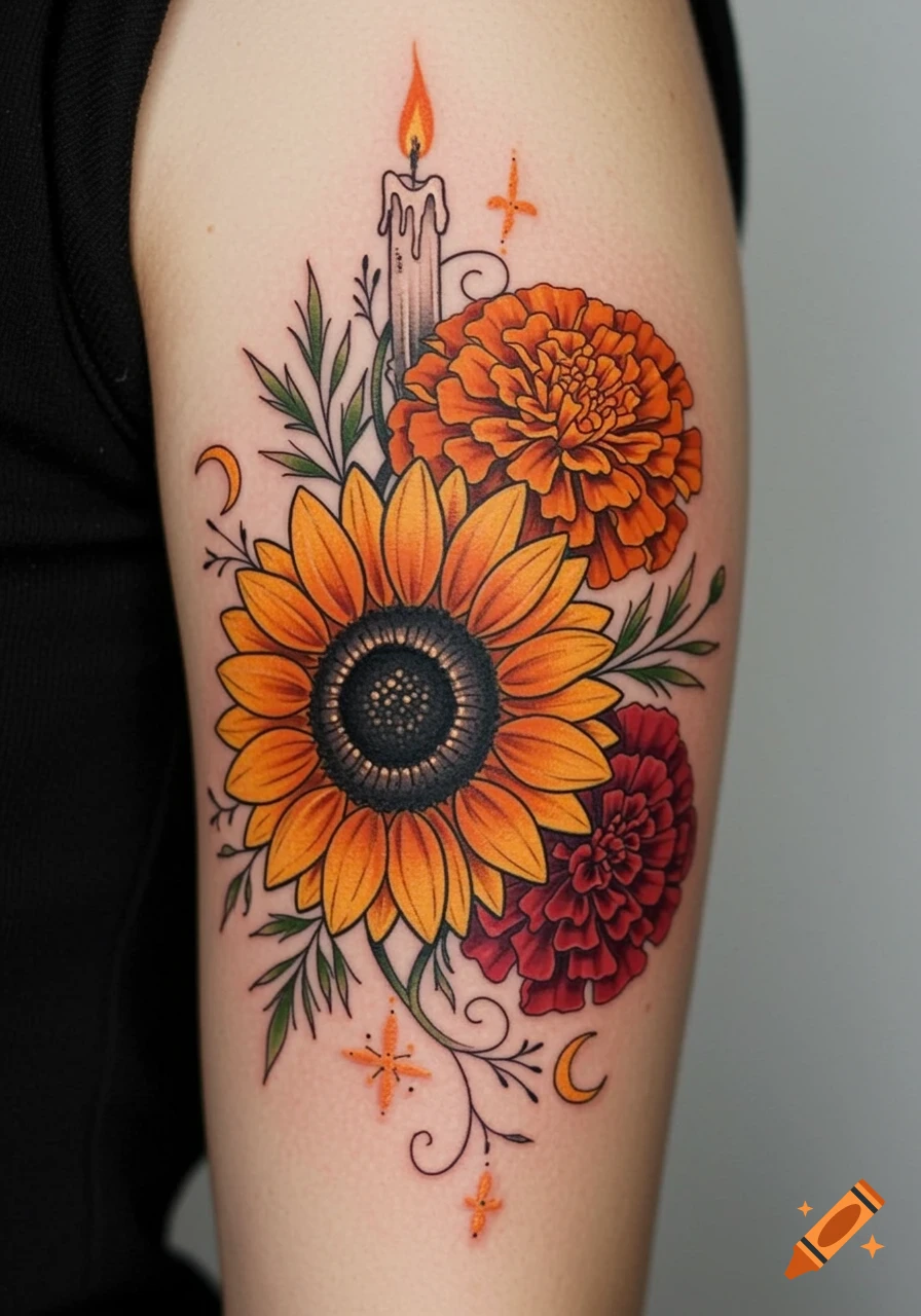 A colorful tattoo on an arm featuring a sunflower, two marigolds, a lit candle, moons, and stars.
