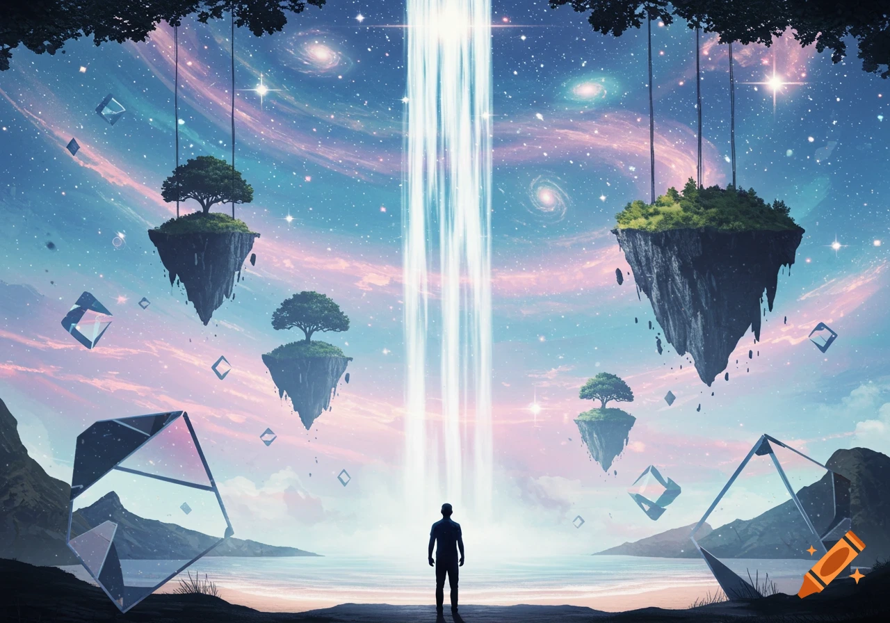 A person stands before a vertical beam of light in a vibrant, surreal landscape with floating islands and a starry sky.