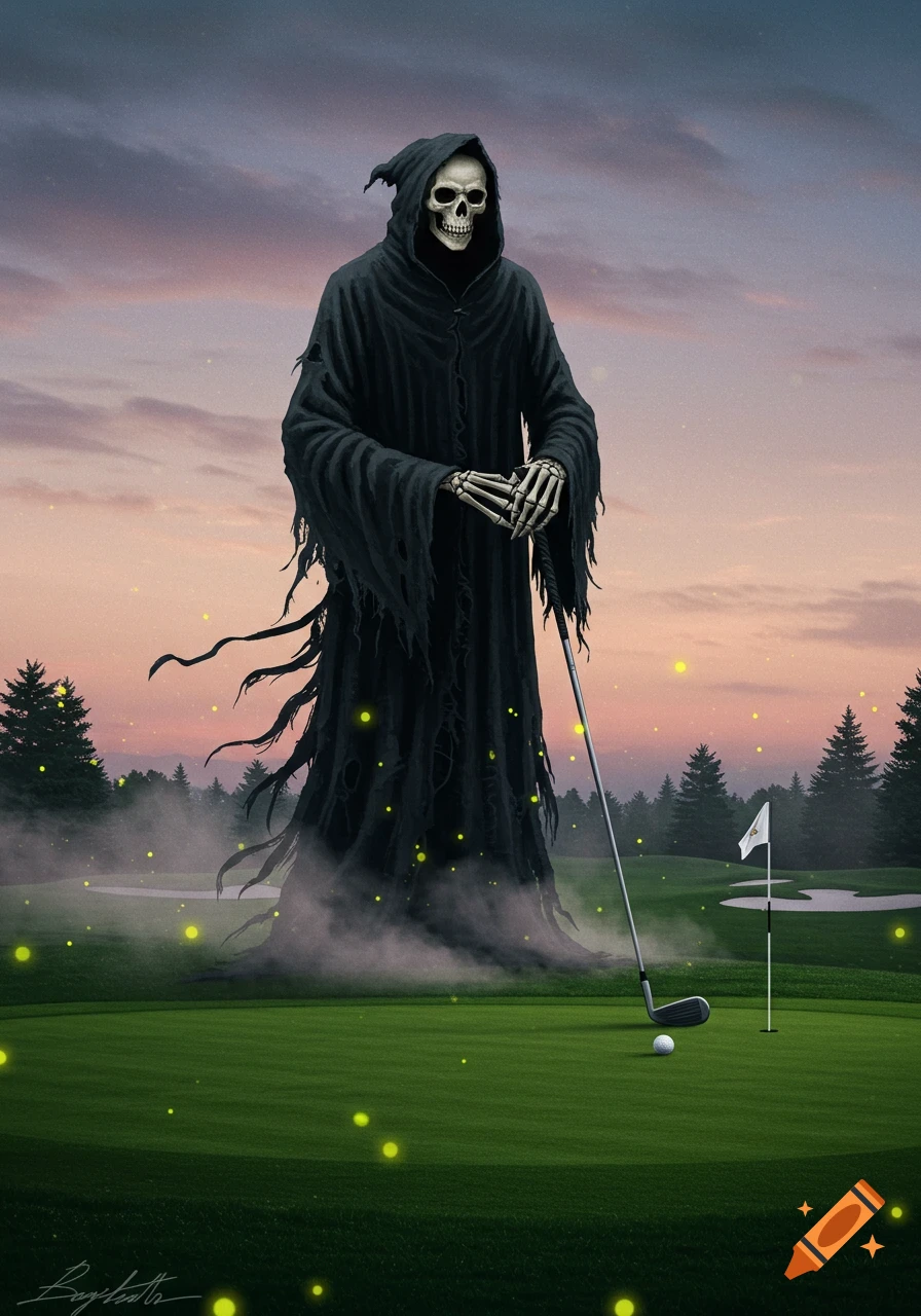 A tall, cloaked Grim Reaper with skeletal hands stands on a golf course at dusk, holding a golf club next to a golf ball and flag, with glowing orbs in the air.