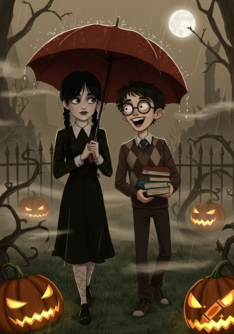 Cartoon illustration of Wednesday Addams and Joel Glick under an umbrella in the rain, with glowing jack-o'-lanterns.