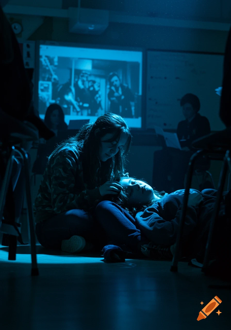 Two teenage girls sit on the floor of a dimly lit classroom, bathed in blue light from a projected movie. One girl comforts another lying in her lap.