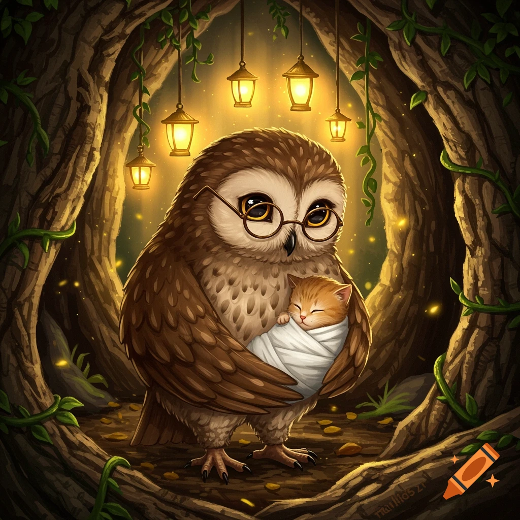 A cute, brown, bespectacled owl gently holds a swaddled, sleeping orange kitten in a warmly lit forest with lanterns hanging from trees.