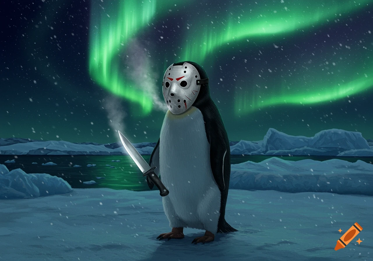 An illustration of a penguin wearing a Jason hockey mask and holding a knife in a snowy arctic landscape with aurora borealis.