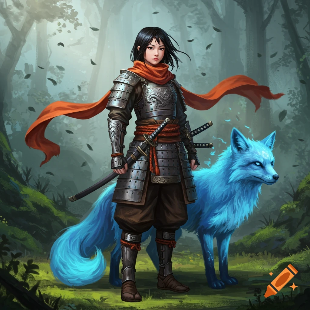 An Asian girl in samurai-like armor with an orange scarf stands in a forest with a glowing blue fox next to her.