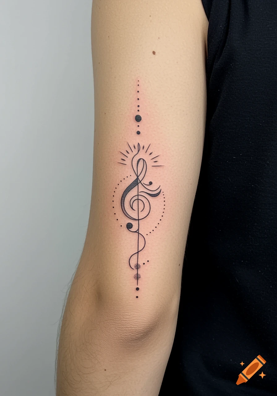 A simple black single-line tattoo of a treble clef combined with an ampersand, surrounded by dots, on a person's arm.