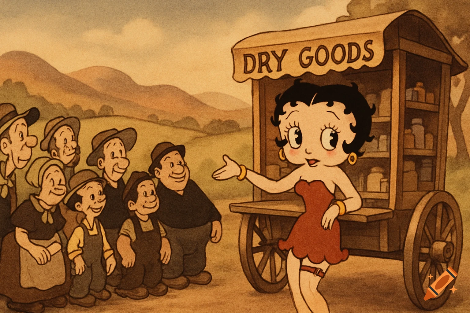 Betty Boop in a red dress gestures from a dry goods wagon to a group of rural folk in a vintage cartoon style.