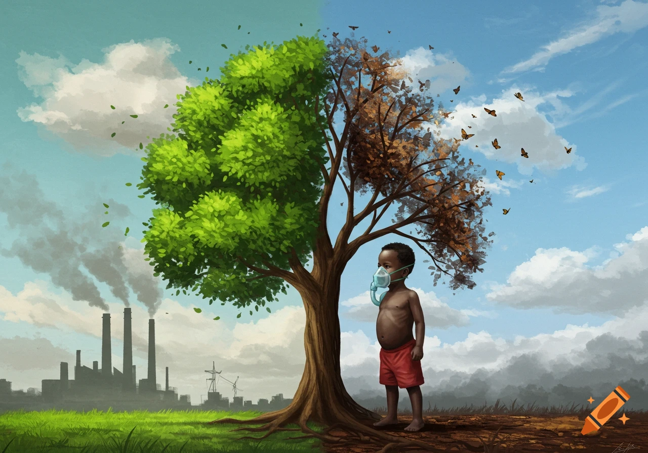 A young Black child in an oxygen mask stands next to a tree, half green and half wilted, with factories on one side and butterflies on the other, in a painterly style.