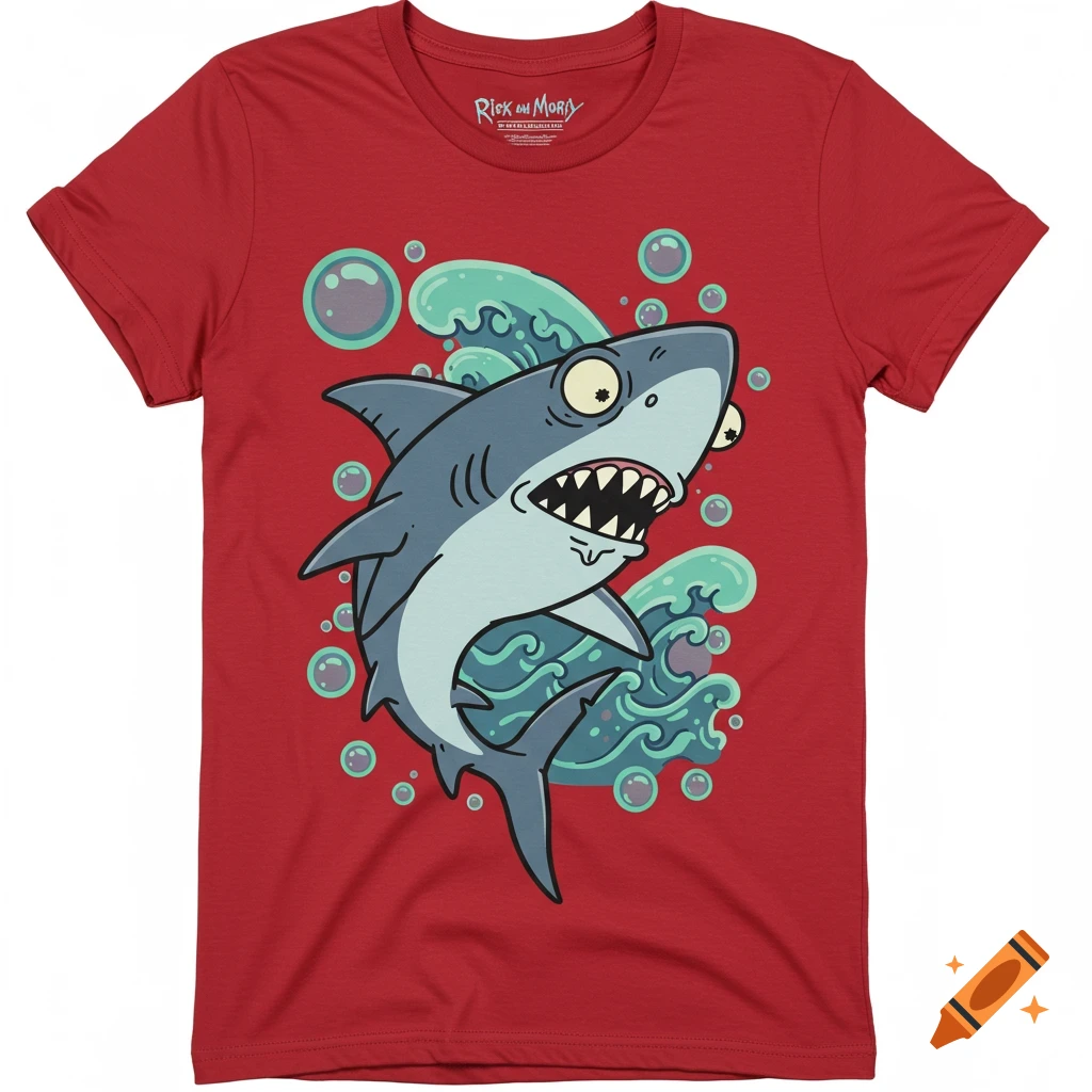 A red t-shirt with a cartoon shark design, featuring an open-mouthed shark with wide eyes surrounded by bubbles and waves in a Rick and Morty style.