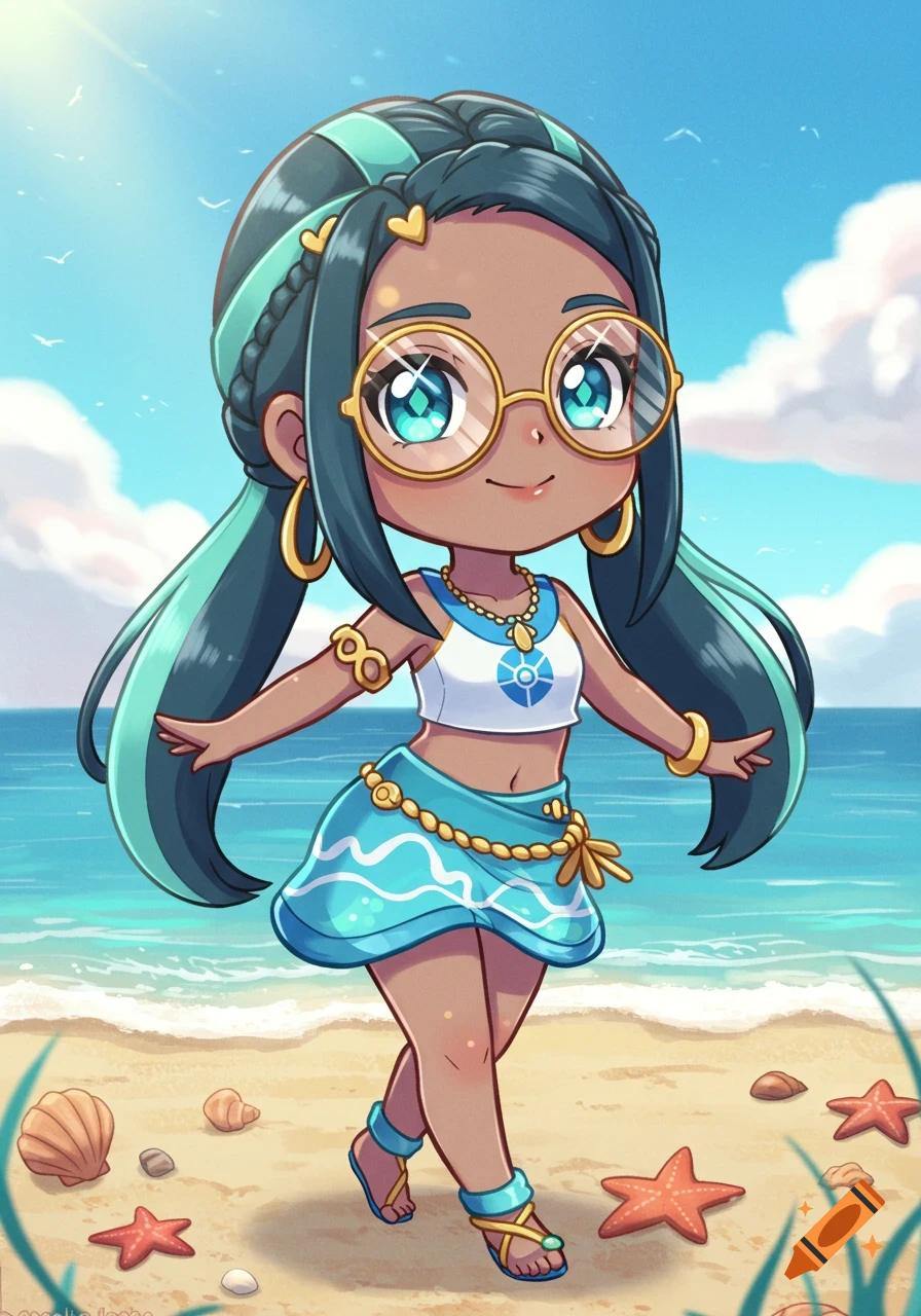 Chibi Nessa from Pokémon wearing glasses on a sunny beach with seashells and starfish.