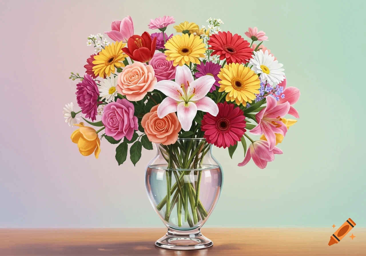 Vibrant bouquet of assorted colorful flowers in a clear glass vase on a wooden surface with a pastel gradient background.
