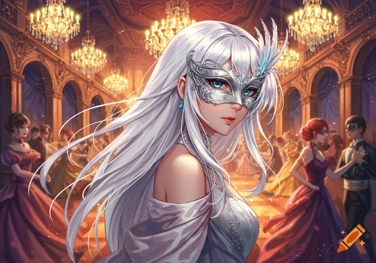 A white-haired anime woman in a silver masquerade mask stands in a grand ballroom with chandeliers and dancers.