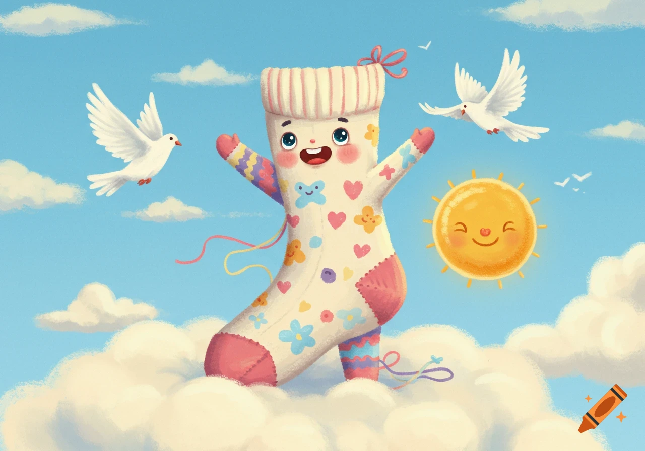 A happy, anthropomorphic sock with colorful patterns stands on clouds in a bright blue sky with doves and a smiling sun, in a whimsical illustration style.