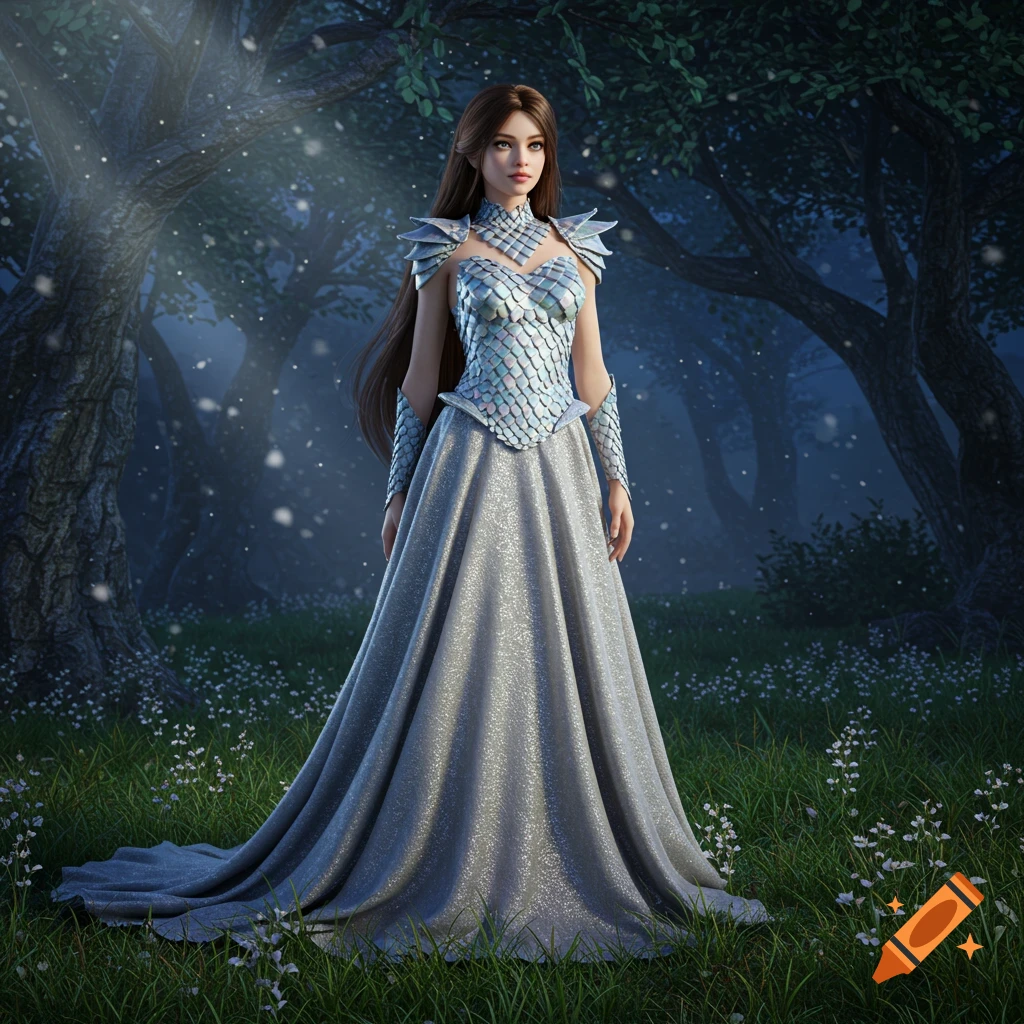 A young woman with long brown hair, wearing a silver dragon scale armor bodice and a flowing silver gown, stands in a mystical moonlit forest.